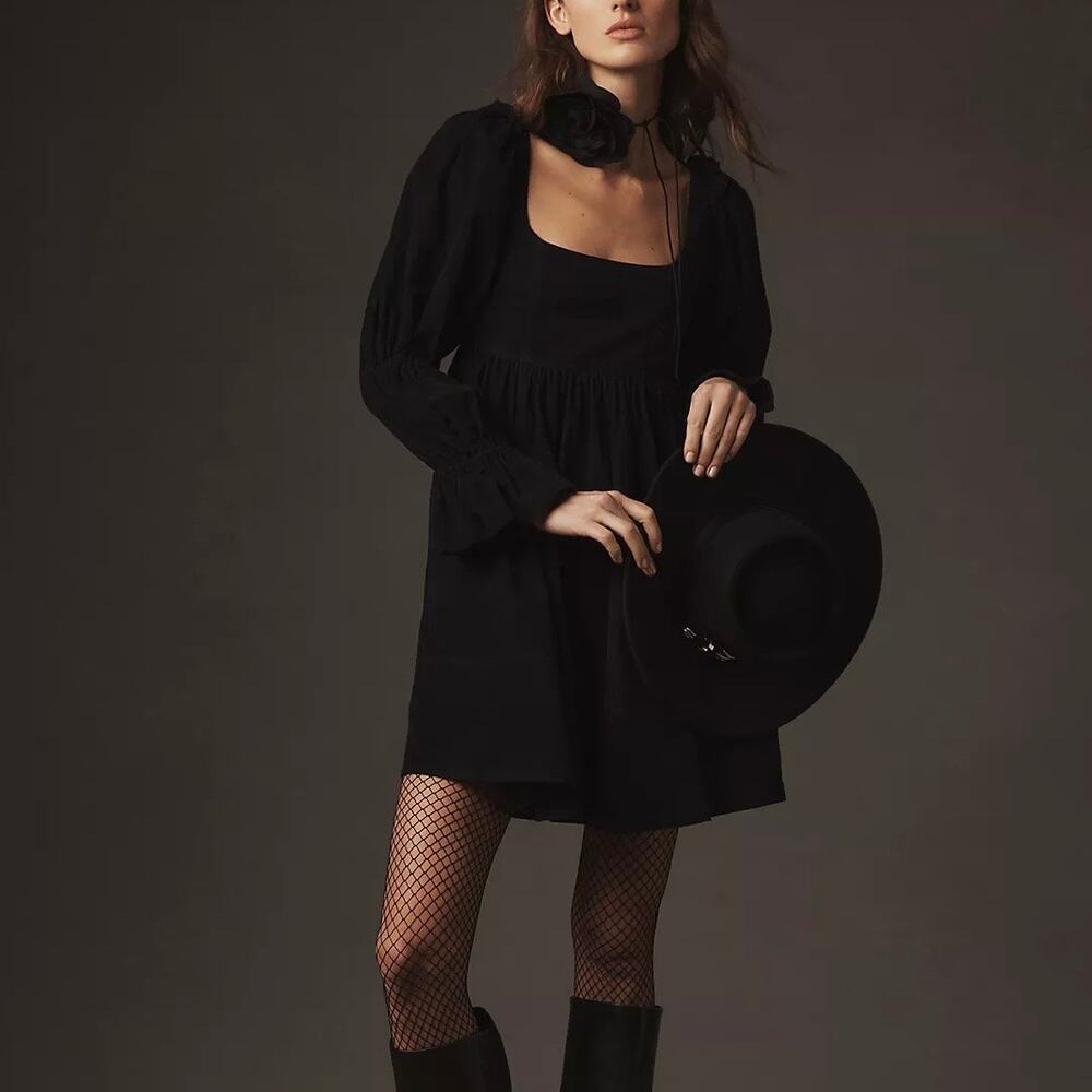 Anthropologie Pilcro Square-Neck Corduroy Babydoll Mini Dress Black Size XS